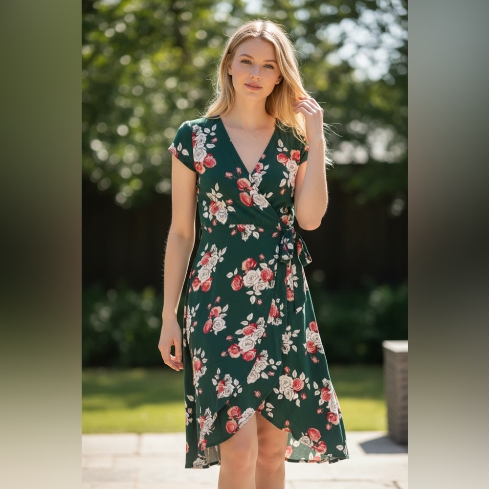 Dream Of Me Green Floral Faux Wrap Dress